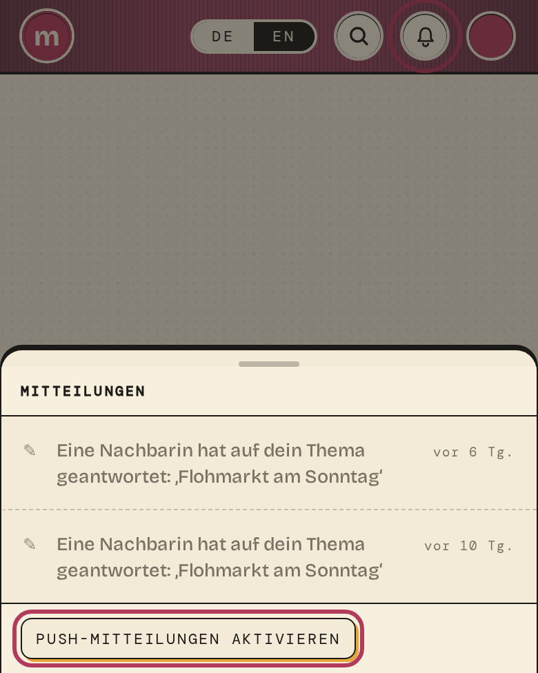 Bildschirmfoto: das Mitteilungsfenster von Mahalle mit dem Knopf „Push-Mitteilungen aktivieren“